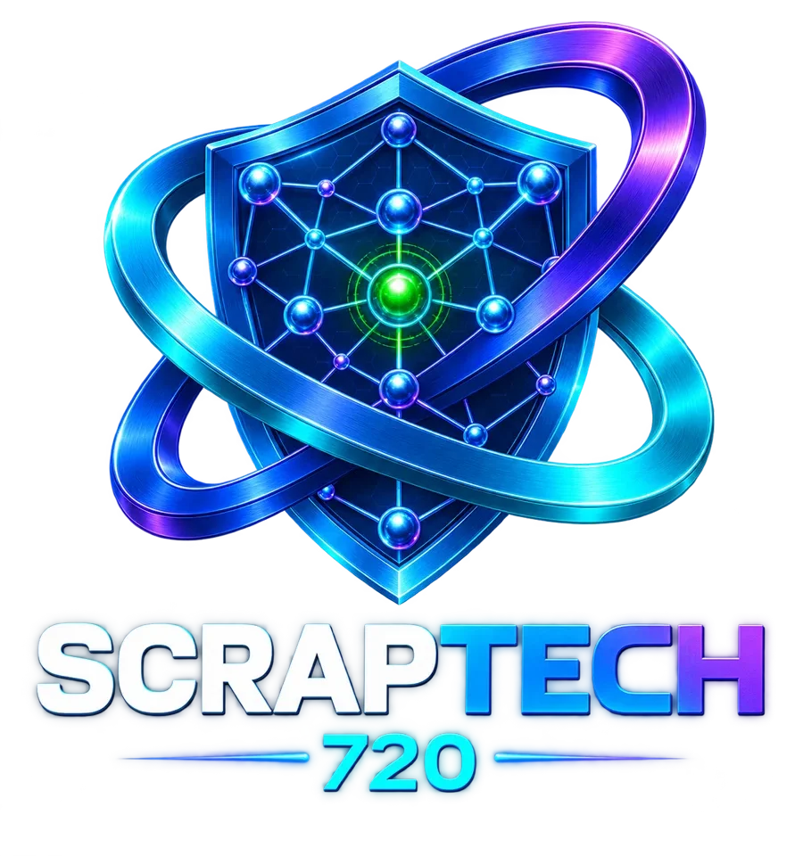Logo ScrapTech 720 — escudo con núcleo de energía y órbitas